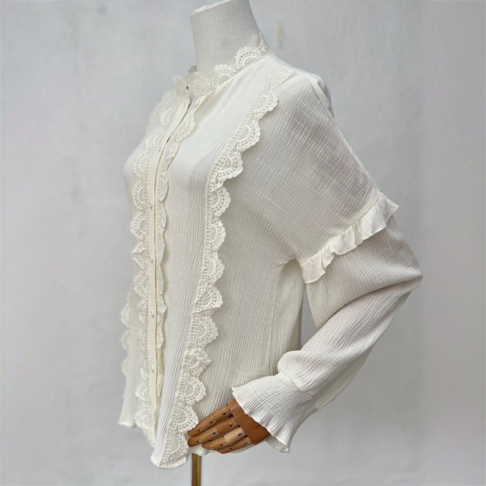 Blu Pepper Ruffly Lace Long Sleeve High Collar Retro Poetcore Button Up Top Sz M - Picture 15 of 15